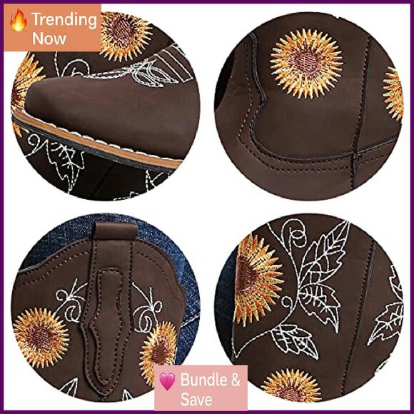 Women's Mid Calf Cowboy Boots Square Toe Low Heel Stitched Embroidery - Picture 5 of 8